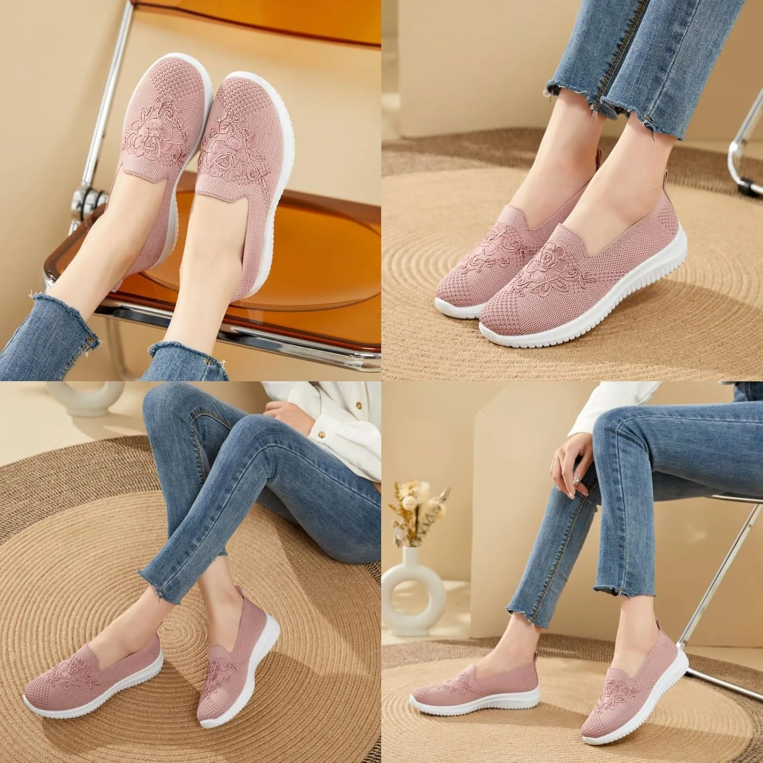 Women's Knitted Embroidery Casual Walking Sneakers,Lightweight Breathable Mesh Slip On Loafers,Comfortable Soft Sole Non-Slip Driving MoM Shoes