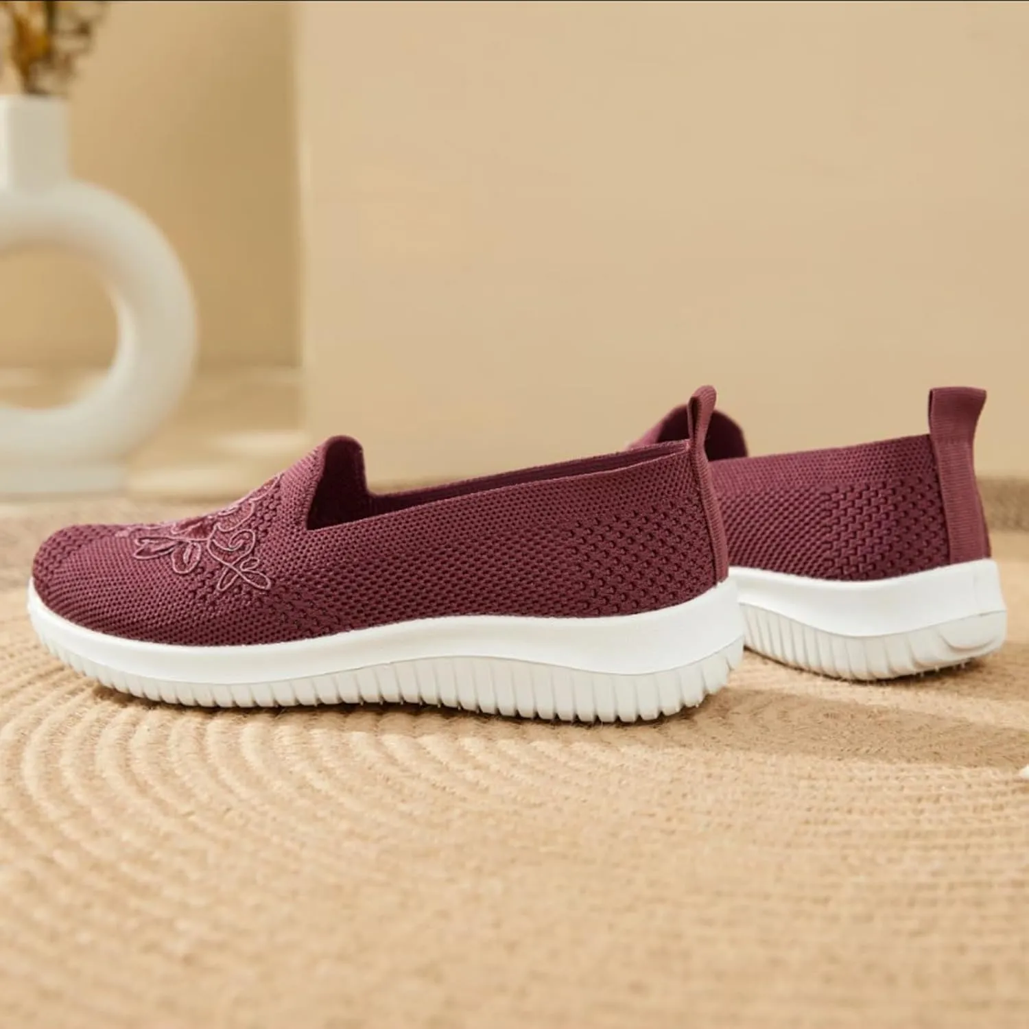 Women's Knitted Embroidery Casual Walking Sneakers,Lightweight Breathable Mesh Slip On Loafers,Comfortable Soft Sole Non-Slip Driving MoM Shoes