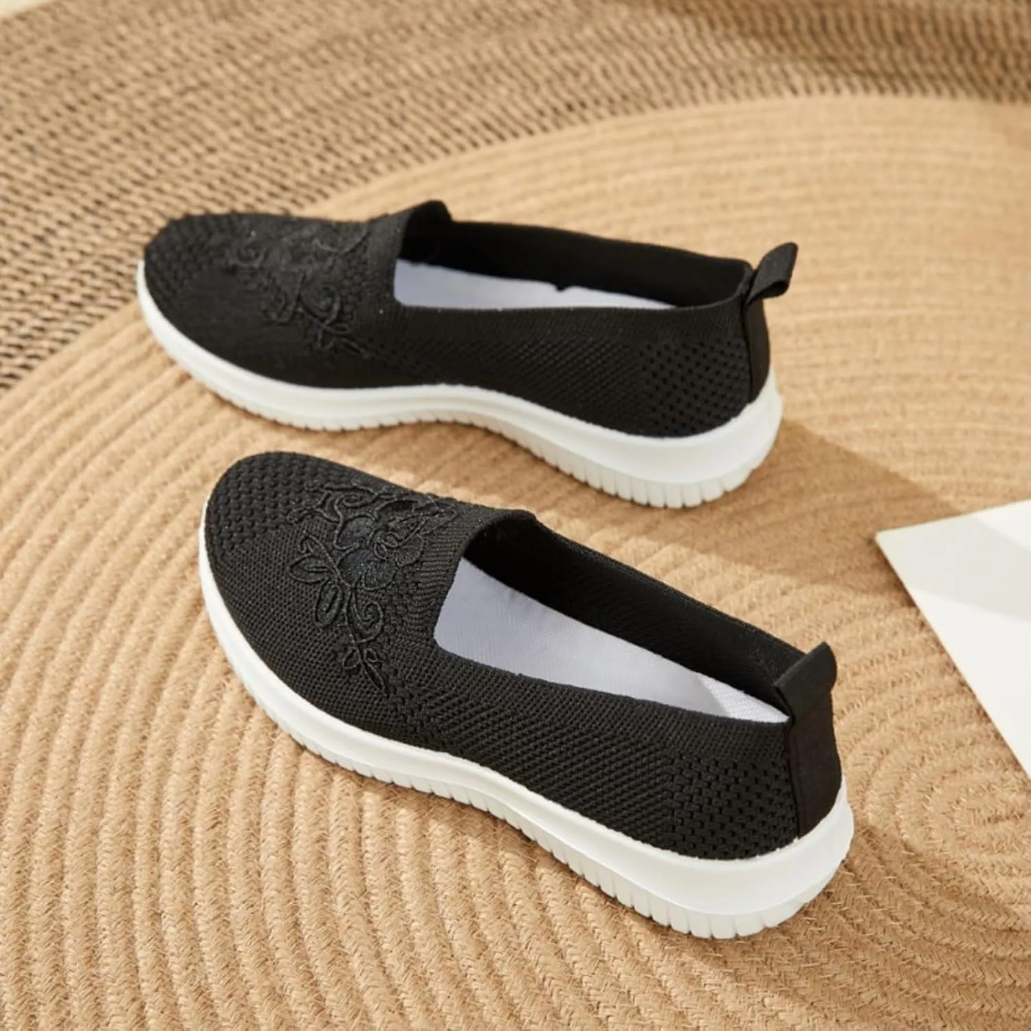 Women's Knitted Embroidery Casual Walking Sneakers,Lightweight Breathable Mesh Slip On Loafers,Comfortable Soft Sole Non-Slip Driving MoM Shoes