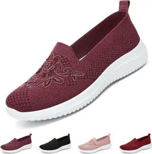 Women's Knitted Embroidery Casual Walking Sneakers,Lightweight Breathable Mesh Slip On Loafers,Comfortable Soft Sole Non-Slip Driving MoM Shoes
