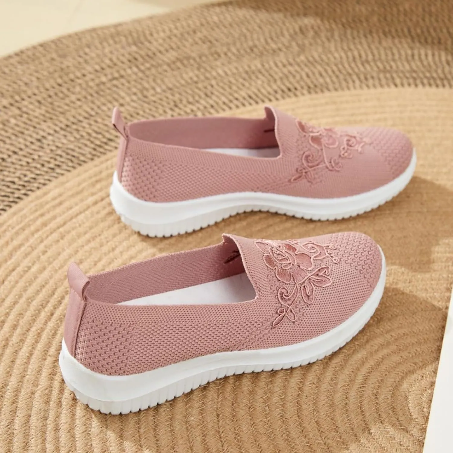 Women's Knitted Embroidery Casual Walking Sneakers,Lightweight Breathable Mesh Slip On Loafers,Comfortable Soft Sole Non-Slip Driving MoM Shoes