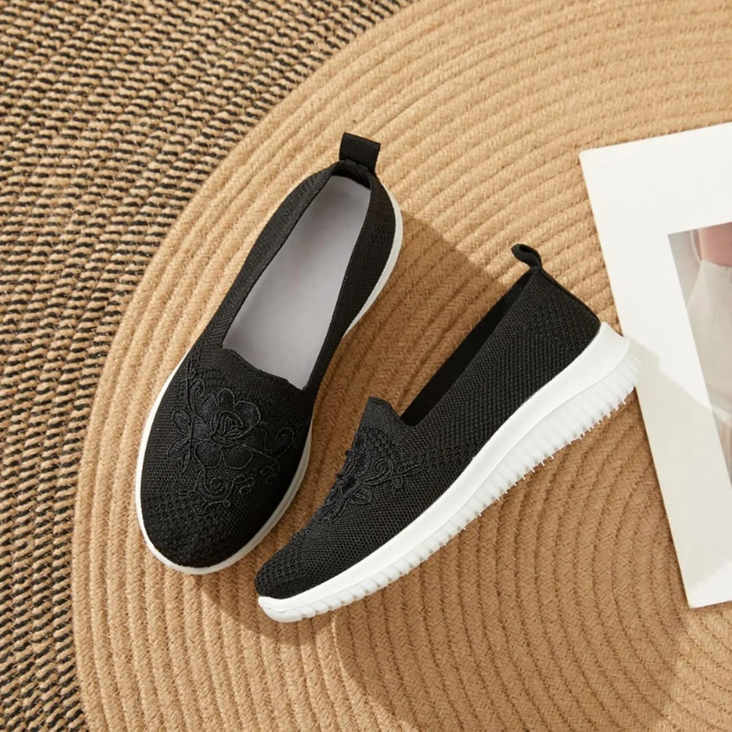 Women's Knitted Embroidery Casual Walking Sneakers,Lightweight Breathable Mesh Slip On Loafers,Comfortable Soft Sole Non-Slip Driving MoM Shoes