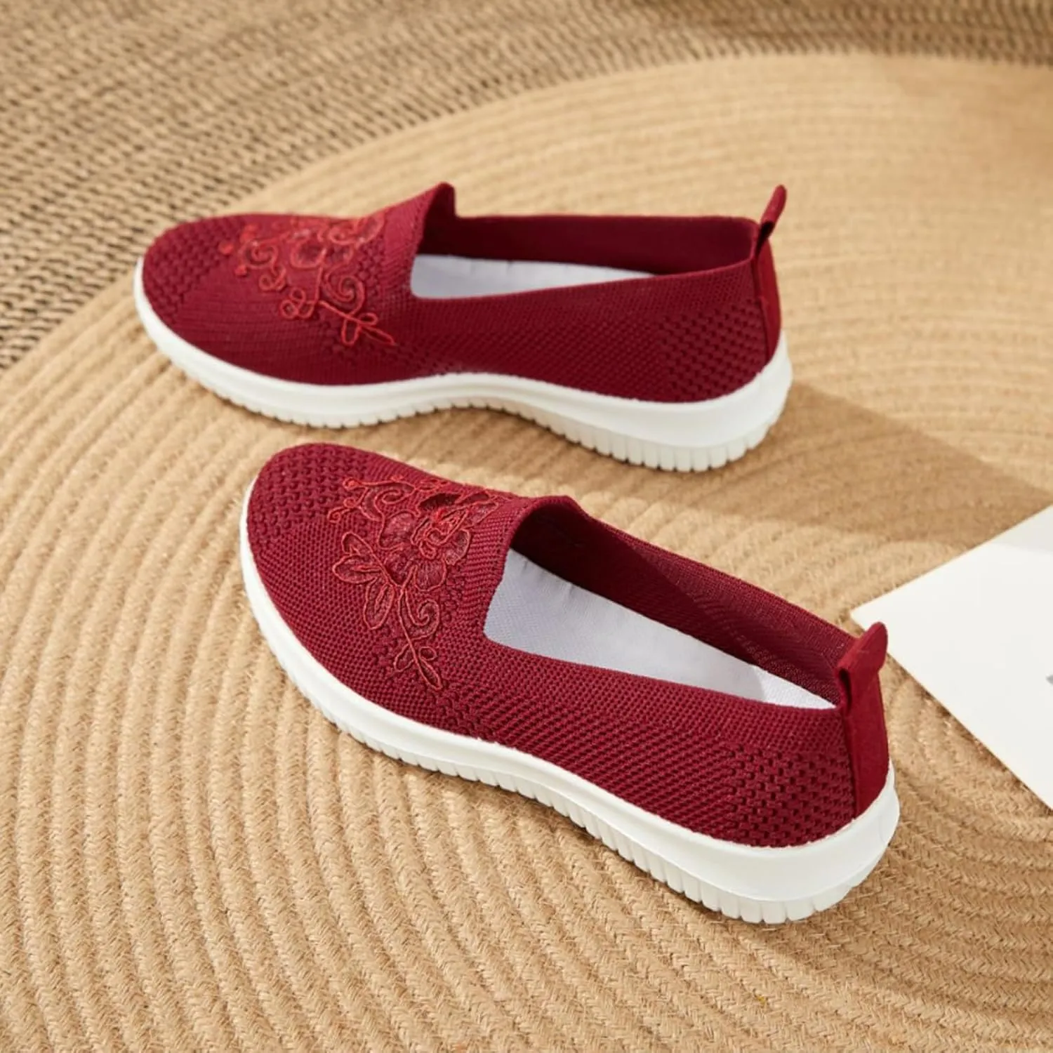 Women's Knitted Embroidery Casual Walking Sneakers,Lightweight Breathable Mesh Slip On Loafers,Comfortable Soft Sole Non-Slip Driving MoM Shoes