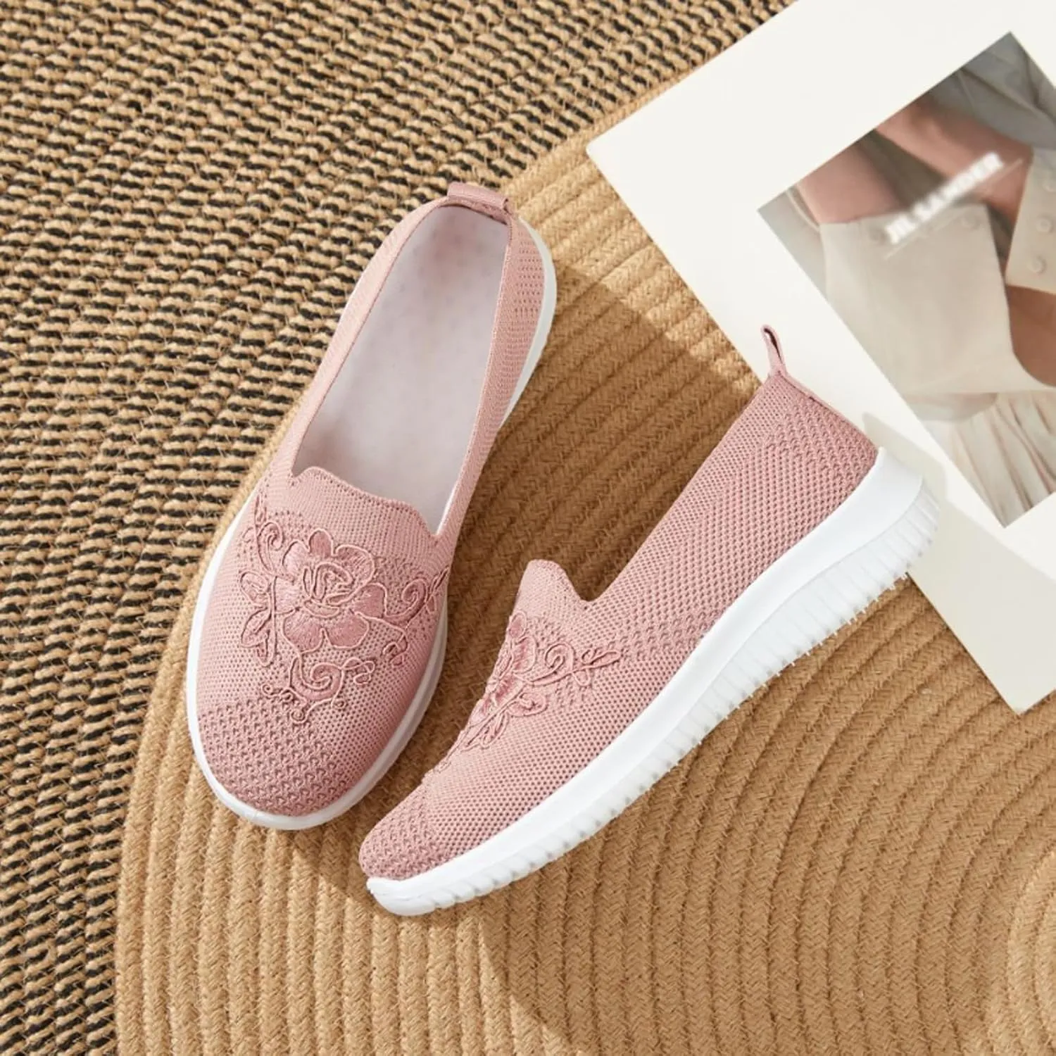 Women's Knitted Embroidery Casual Walking Sneakers,Lightweight Breathable Mesh Slip On Loafers,Comfortable Soft Sole Non-Slip Driving MoM Shoes