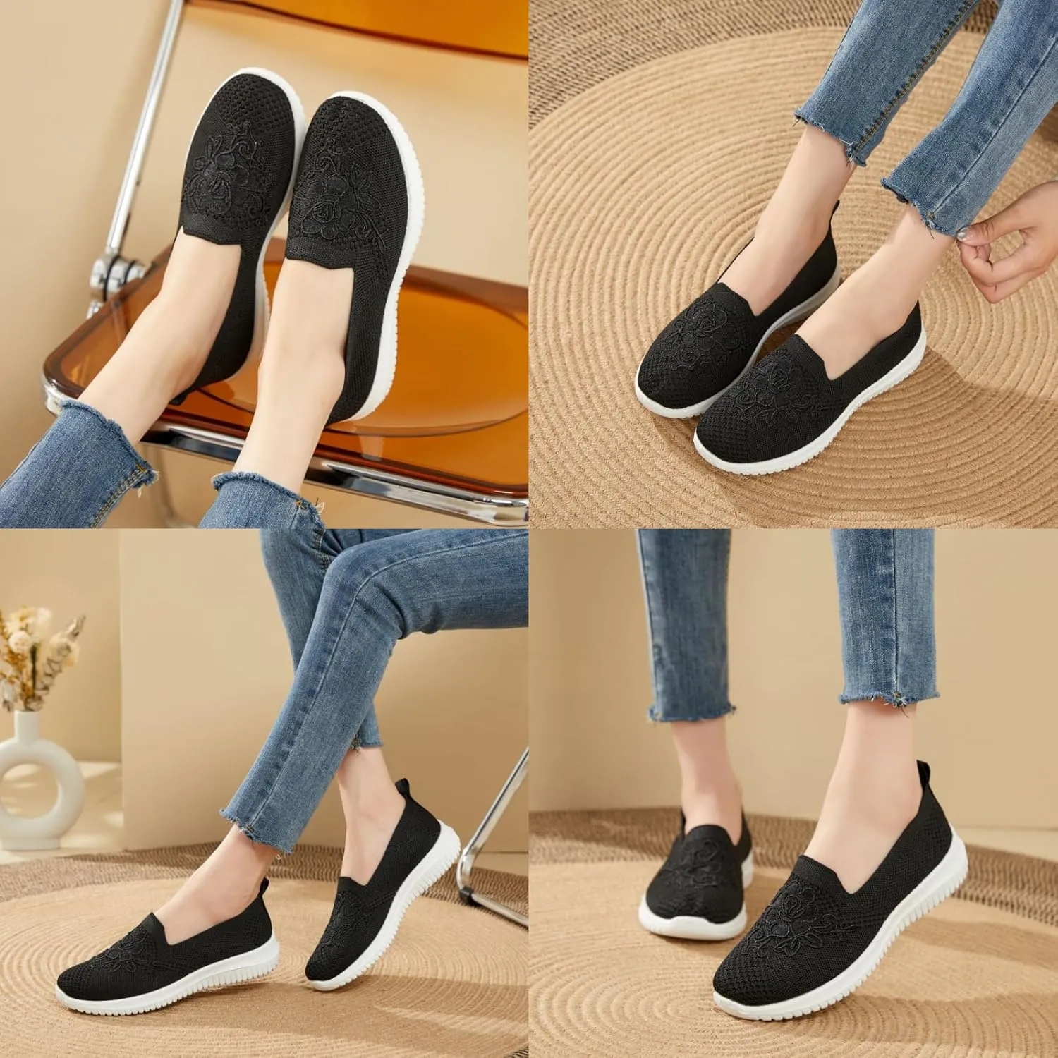 Women's Knitted Embroidery Casual Walking Sneakers,Lightweight Breathable Mesh Slip On Loafers,Comfortable Soft Sole Non-Slip Driving MoM Shoes