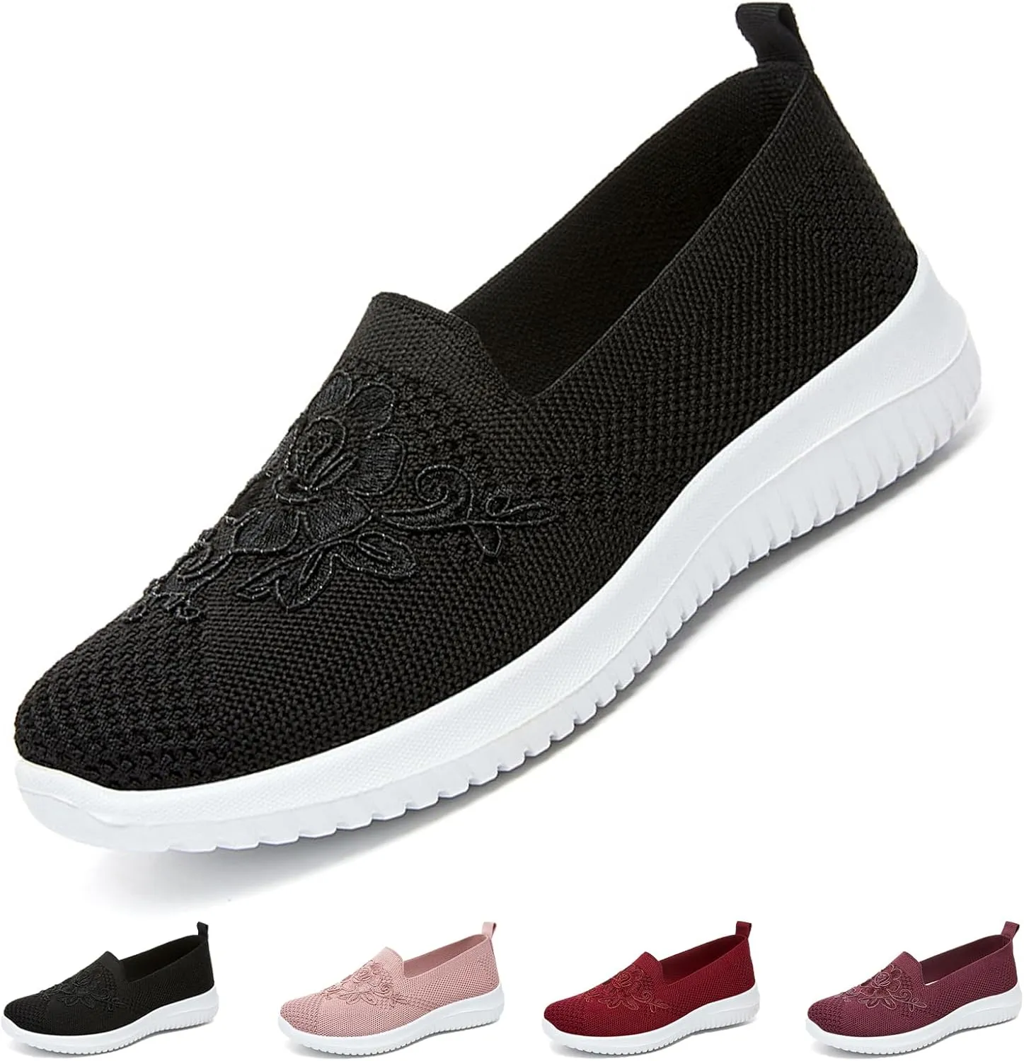 Women's Knitted Embroidery Casual Walking Sneakers,Lightweight Breathable Mesh Slip On Loafers,Comfortable Soft Sole Non-Slip Driving MoM Shoes