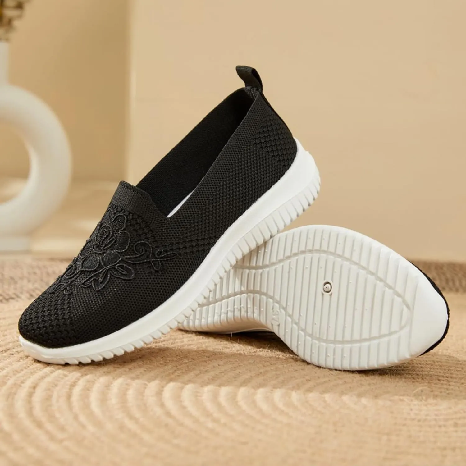 Women's Knitted Embroidery Casual Walking Sneakers,Lightweight Breathable Mesh Slip On Loafers,Comfortable Soft Sole Non-Slip Driving MoM Shoes