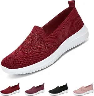 Women's Knitted Embroidery Casual Walking Sneakers,Lightweight Breathable Mesh Slip On Loafers,Comfortable Soft Sole Non-Slip Driving MoM Shoes