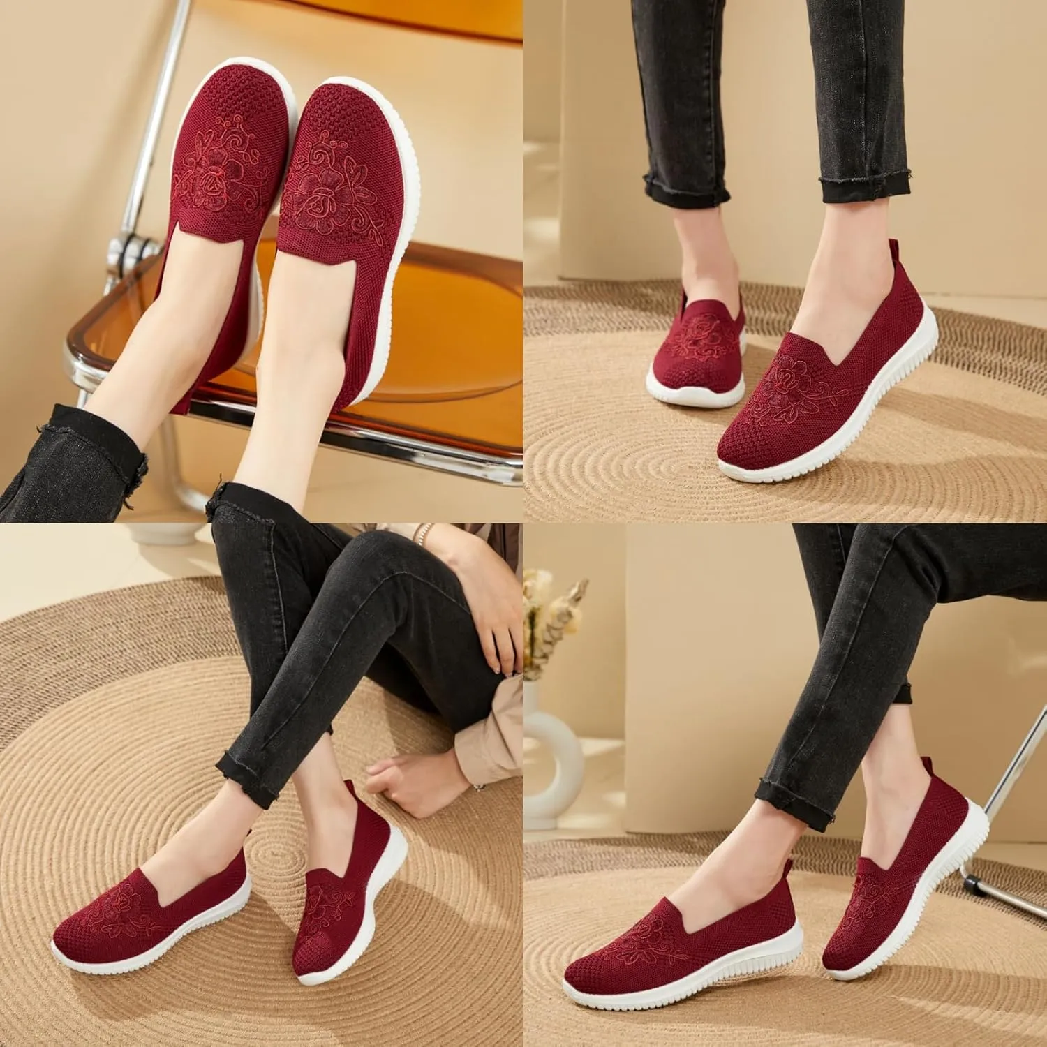 Women's Knitted Embroidery Casual Walking Sneakers,Lightweight Breathable Mesh Slip On Loafers,Comfortable Soft Sole Non-Slip Driving MoM Shoes
