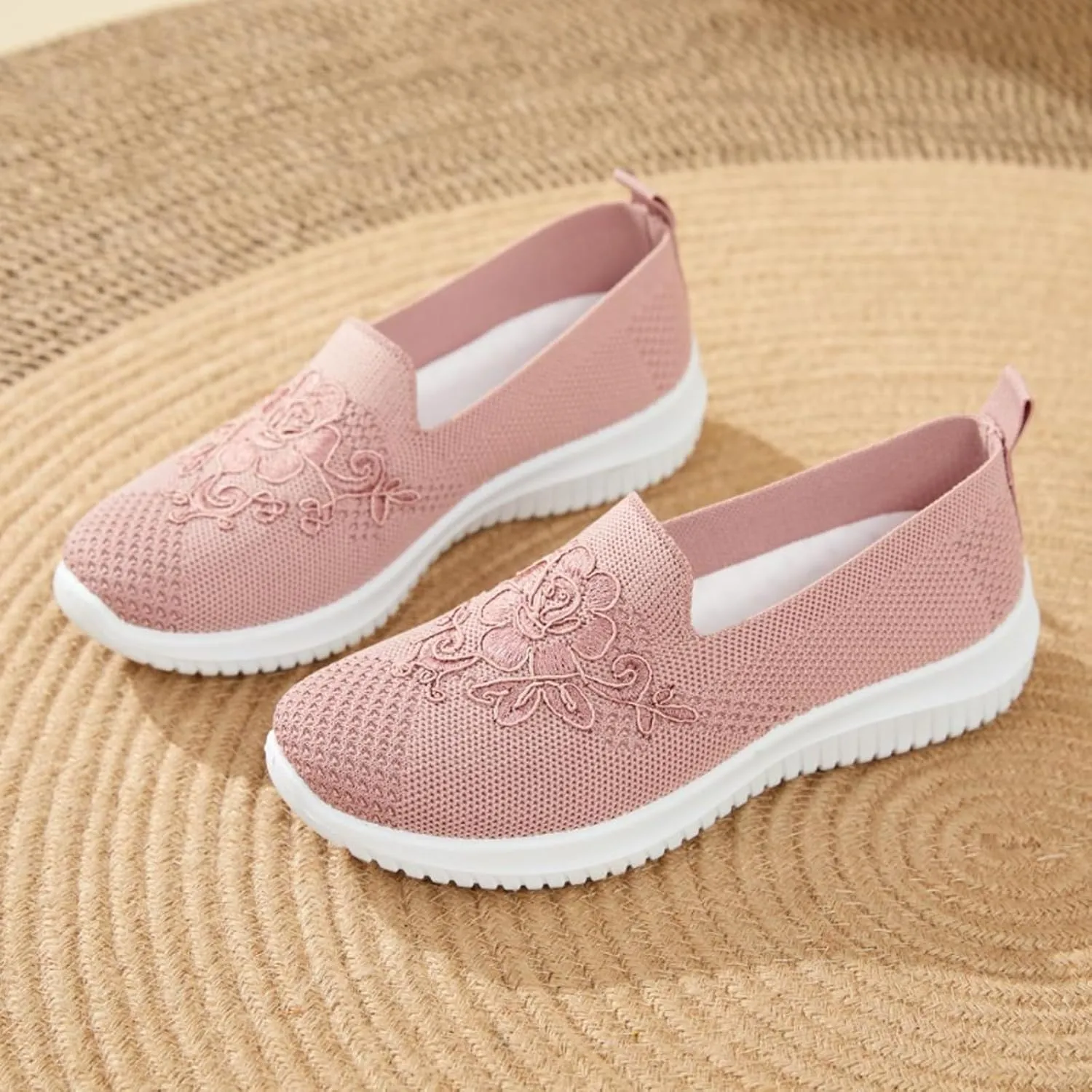 Women's Knitted Embroidery Casual Walking Sneakers,Lightweight Breathable Mesh Slip On Loafers,Comfortable Soft Sole Non-Slip Driving MoM Shoes