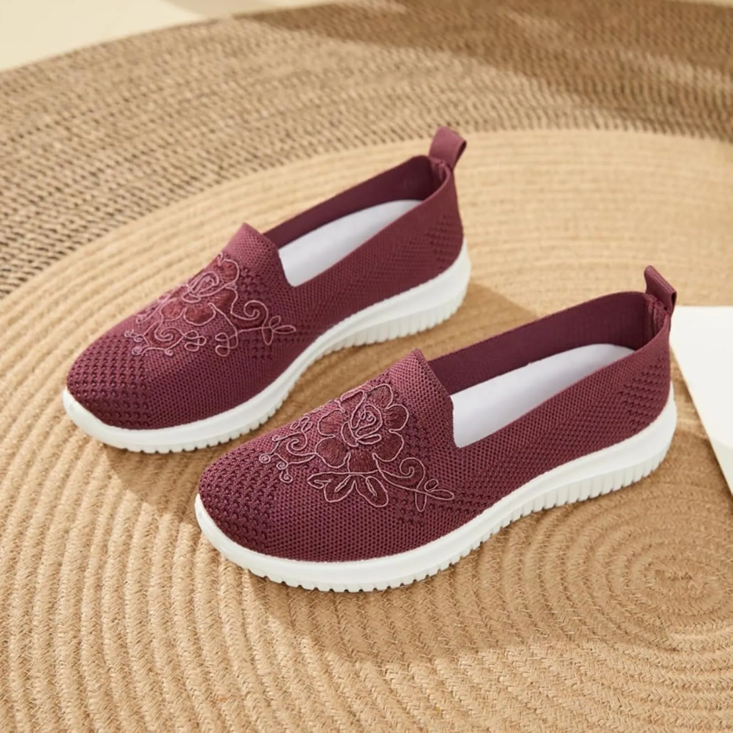 Women's Knitted Embroidery Casual Walking Sneakers,Lightweight Breathable Mesh Slip On Loafers,Comfortable Soft Sole Non-Slip Driving MoM Shoes