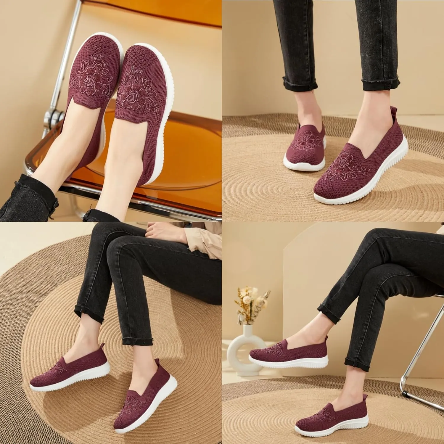 Women's Knitted Embroidery Casual Walking Sneakers,Lightweight Breathable Mesh Slip On Loafers,Comfortable Soft Sole Non-Slip Driving MoM Shoes