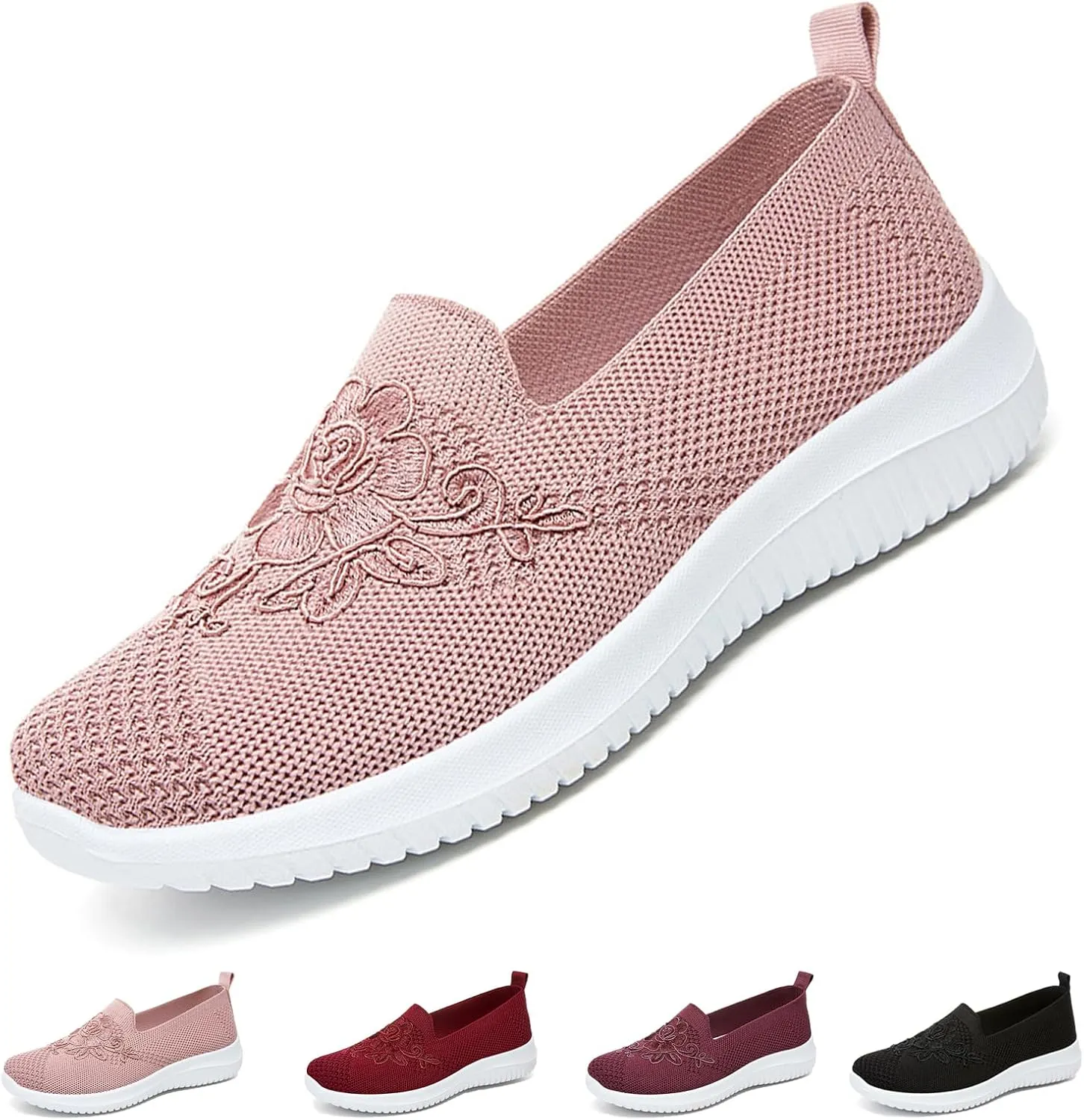 Women's Knitted Embroidery Casual Walking Sneakers,Lightweight Breathable Mesh Slip On Loafers,Comfortable Soft Sole Non-Slip Driving MoM Shoes