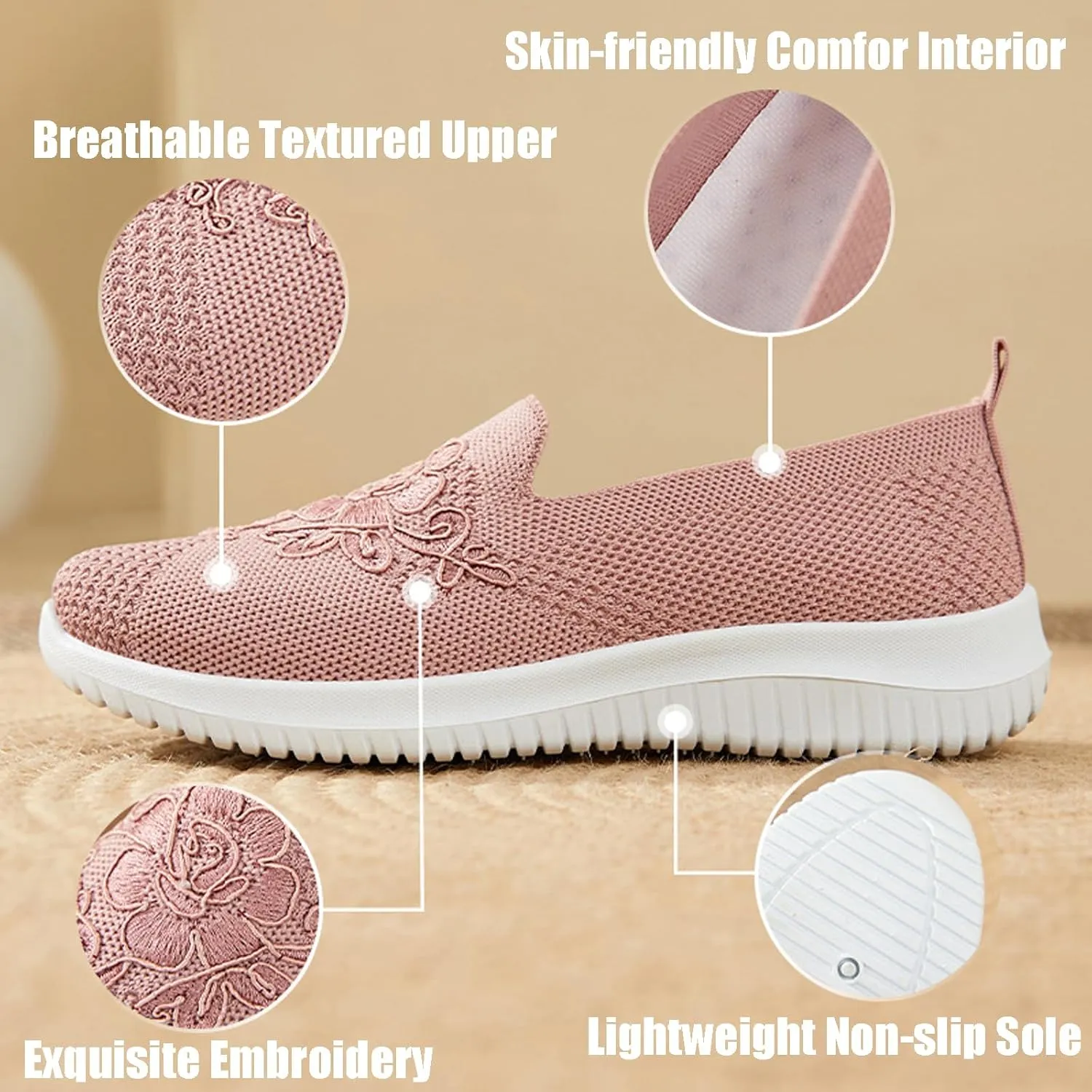 Women's Knitted Embroidery Casual Walking Sneakers,Lightweight Breathable Mesh Slip On Loafers,Comfortable Soft Sole Non-Slip Driving MoM Shoes