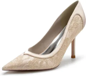 Women's Lace Satin Pointed Toe Heels Pumps Wedding Bridal Dress Shoes Classic Slip on Evening Prom Party Sandals