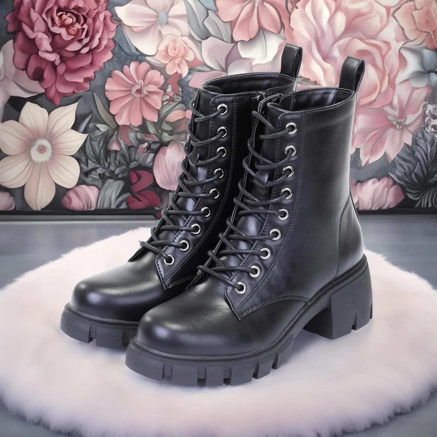 Women's Lace Up Combat Platform Ankle Boots With Thick Sole, Side Zipper Shoes Mid Calf Booties for Lady 2301-2302-2403