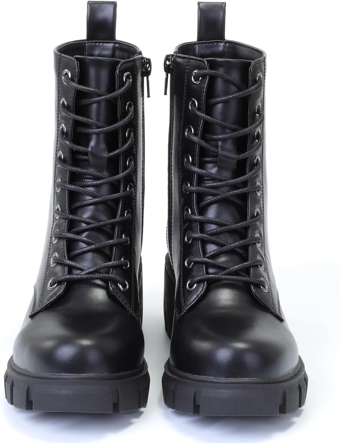 Women's Lace Up Combat Platform Ankle Boots With Thick Sole, Side Zipper Shoes Mid Calf Booties for Lady 2301-2302-2403