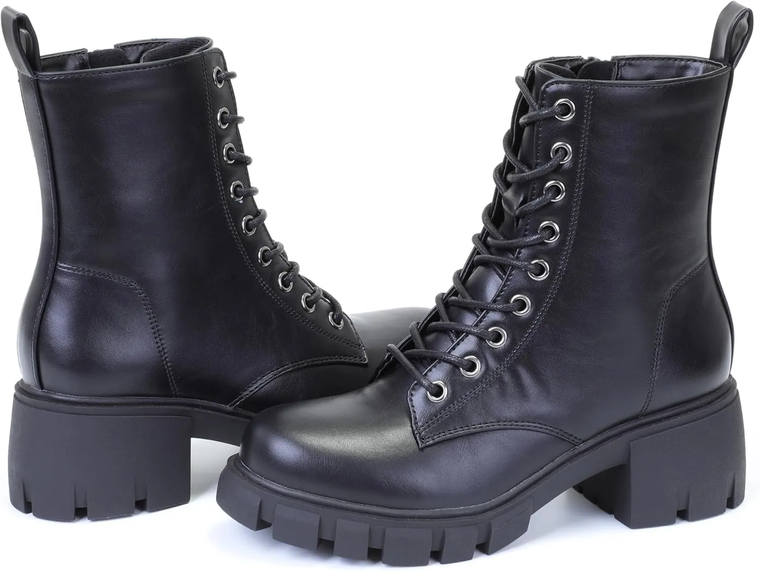 Women's Lace Up Combat Platform Ankle Boots With Thick Sole, Side Zipper Shoes Mid Calf Booties for Lady 2301-2302-2403
