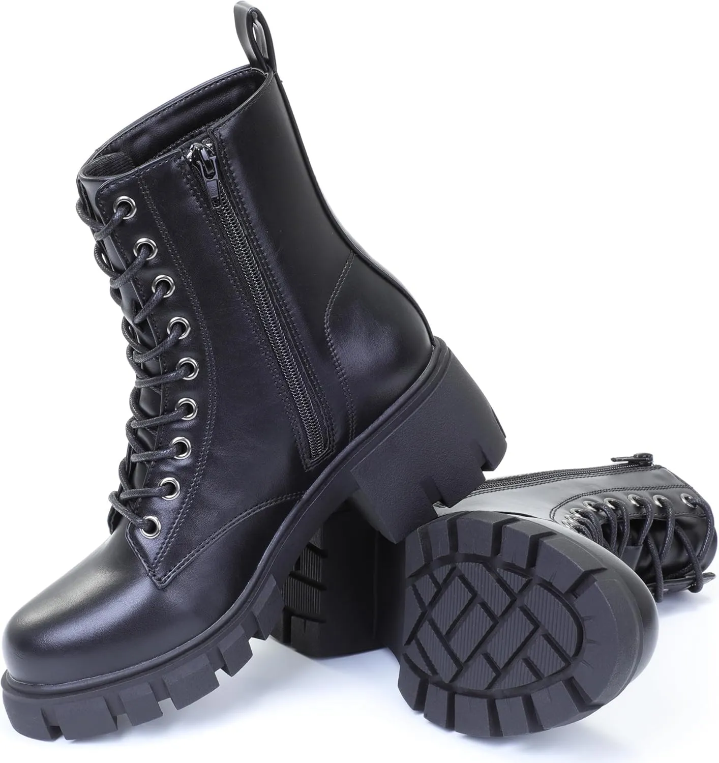 Women's Lace Up Combat Platform Ankle Boots With Thick Sole, Side Zipper Shoes Mid Calf Booties for Lady 2301-2302-2403