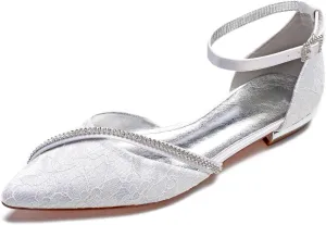 Women's Lace Wedding Shoes for Bride Flats Pointed Toe Beaded Bridal Shoes Formal Prom Party Dress Pumps