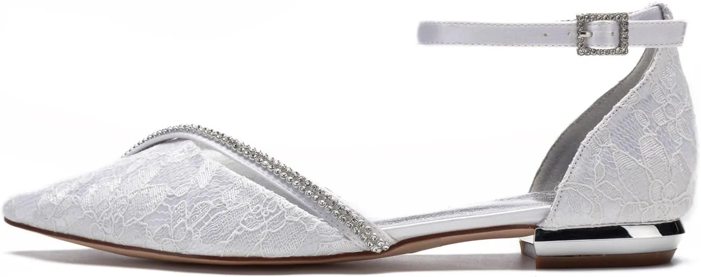 Women's Lace Wedding Shoes for Bride Flats Pointed Toe Beaded Bridal Shoes Formal Prom Party Dress Pumps