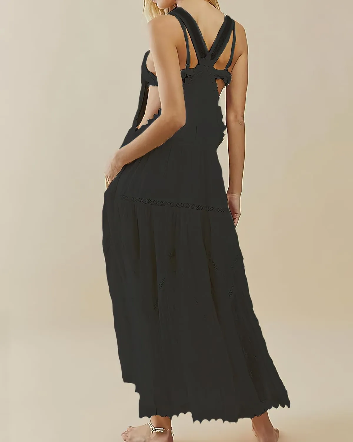 Women's Laced Embroidered Tulle Boho Dress Casual Loose Adjustable Straps Bib Maxi Dress