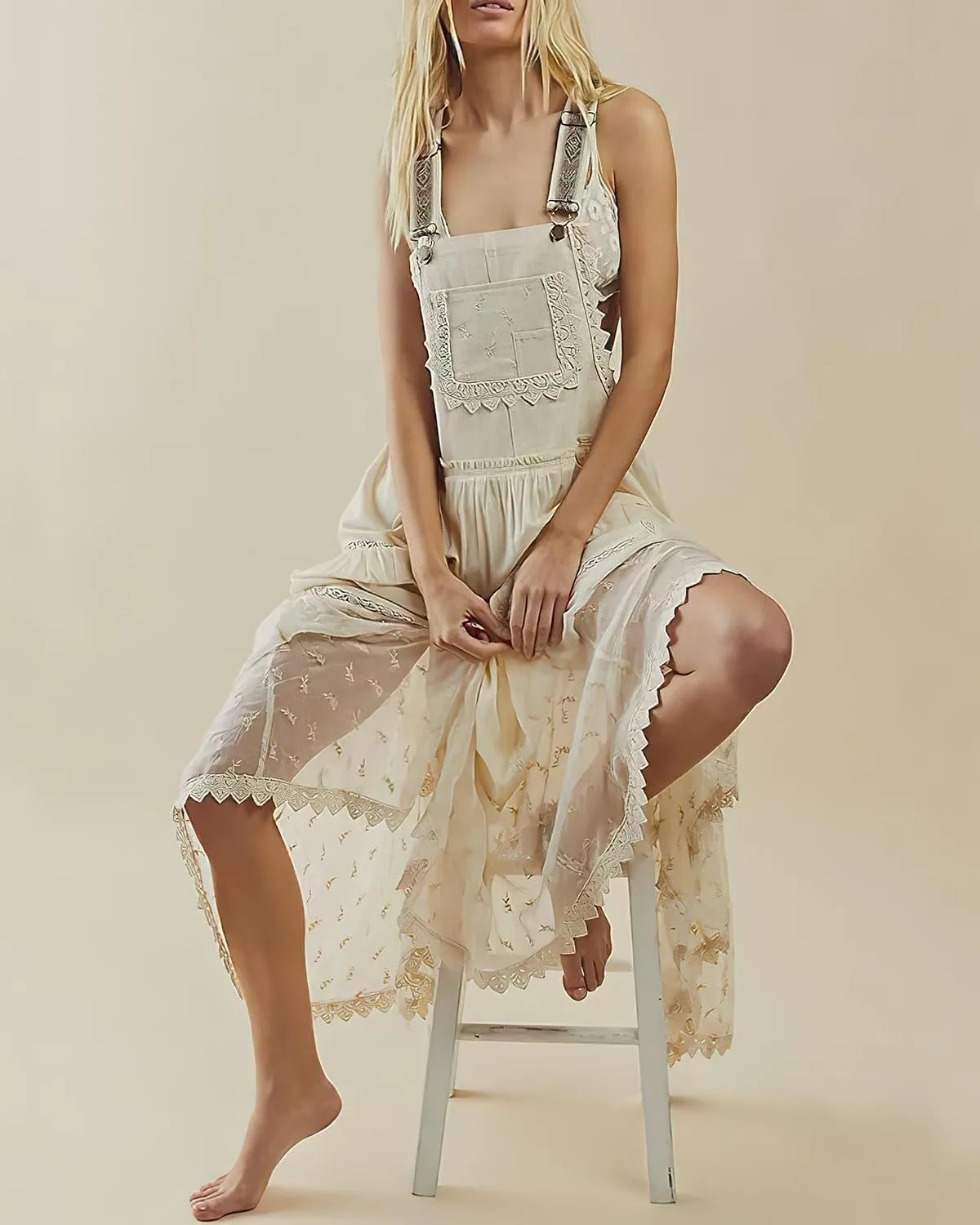 Women's Laced Embroidered Tulle Boho Dress Casual Loose Adjustable Straps Bib Maxi Dress