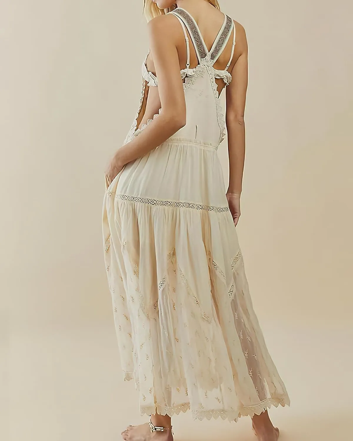 Women's Laced Embroidered Tulle Boho Dress Casual Loose Adjustable Straps Bib Maxi Dress