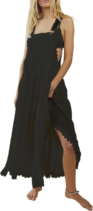 Women's Laced Embroidered Tulle Boho Dress Casual Loose Adjustable Straps Bib Maxi Dress