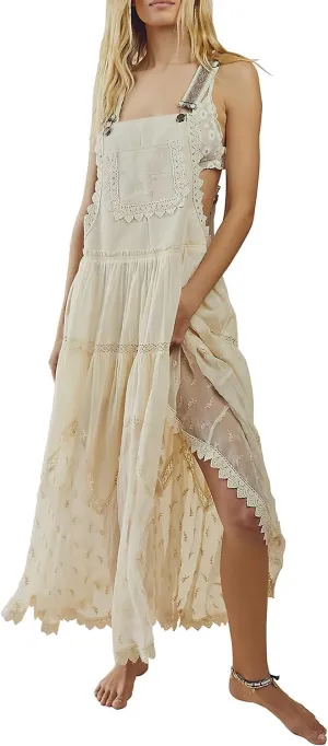 Women's Laced Embroidered Tulle Boho Dress Casual Loose Adjustable Straps Bib Maxi Dress