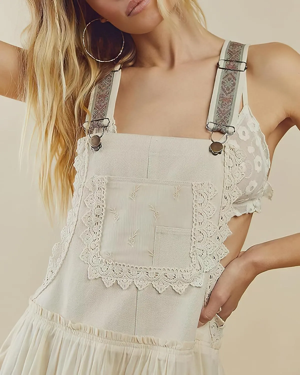 Women's Laced Embroidered Tulle Boho Dress Casual Loose Adjustable Straps Bib Maxi Dress