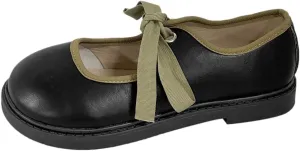 Women's Leather Flats Mary Jane Shoes with Lace Up Bow Round Head Comfort Soft Chunky Low Heel Slip On Dress Ballet Shoes for Wedding Date Party
