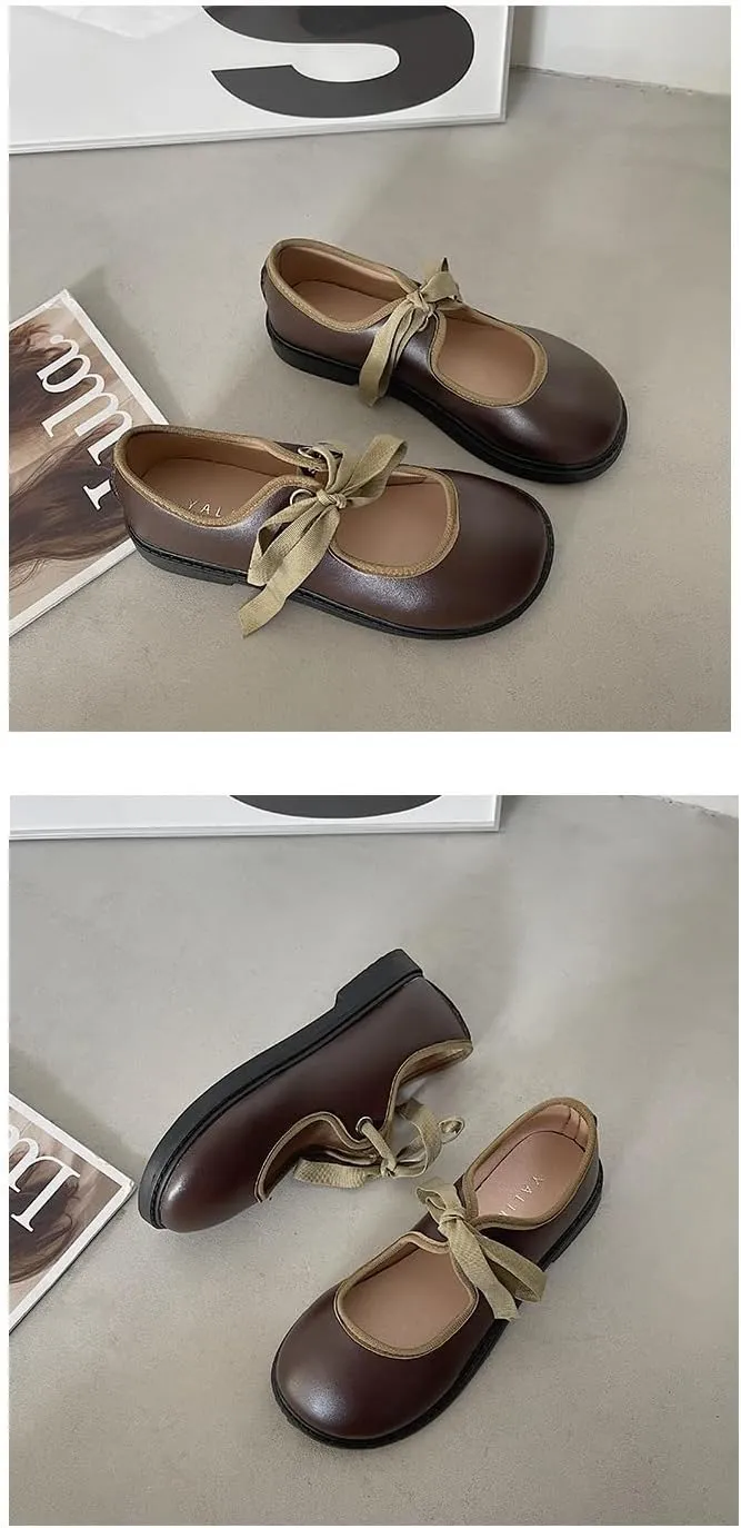 Women's Leather Flats Mary Jane Shoes with Lace Up Bow Round Head Comfort Soft Chunky Low Heel Slip On Dress Ballet Shoes for Wedding Date Party