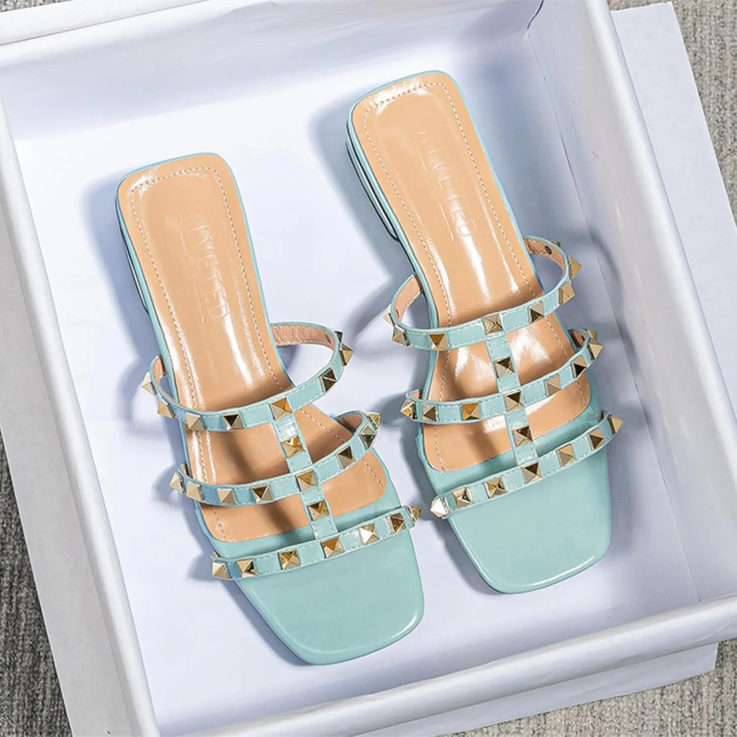 Women's leather one word Studded open toe Low Heel Sandals Fashion Square Toe Strappy rivet block heel slip-on Slide Sandals for summer beach vacation slippers