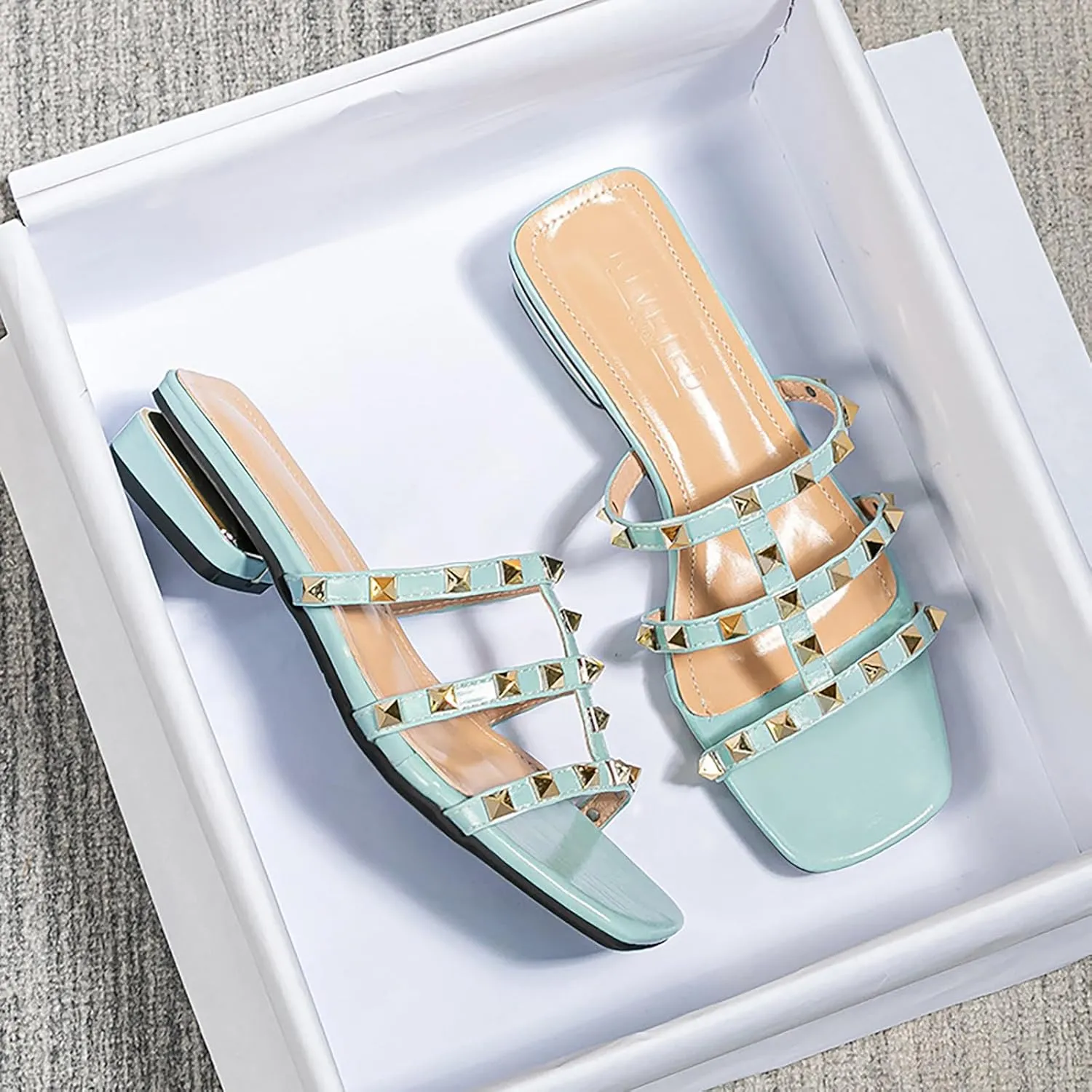 Women's leather one word Studded open toe Low Heel Sandals Fashion Square Toe Strappy rivet block heel slip-on Slide Sandals for summer beach vacation slippers
