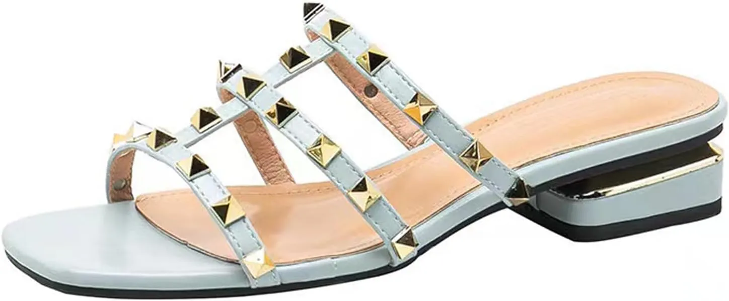 Women's leather one word Studded open toe Low Heel Sandals Fashion Square Toe Strappy rivet block heel slip-on Slide Sandals for summer beach vacation slippers