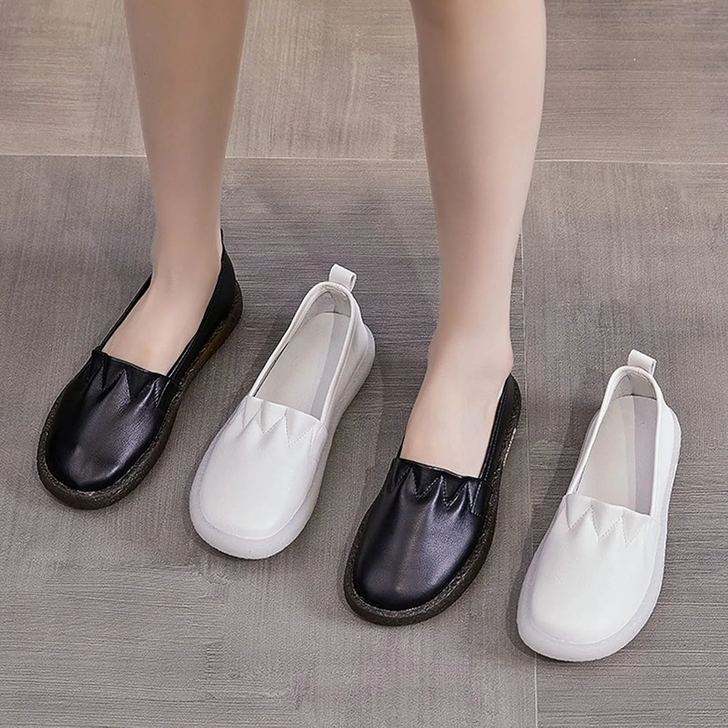 Women's Leather Slip-on Casual Shoes,Lightweight Comfort Pleated Non-Slip Softsole Oxford Dress Flat Walking Loafers