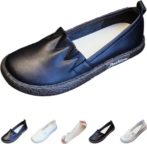 Women's Leather Slip-on Casual Shoes,Lightweight Comfort Pleated Non-Slip Softsole Oxford Dress Flat Walking Loafers