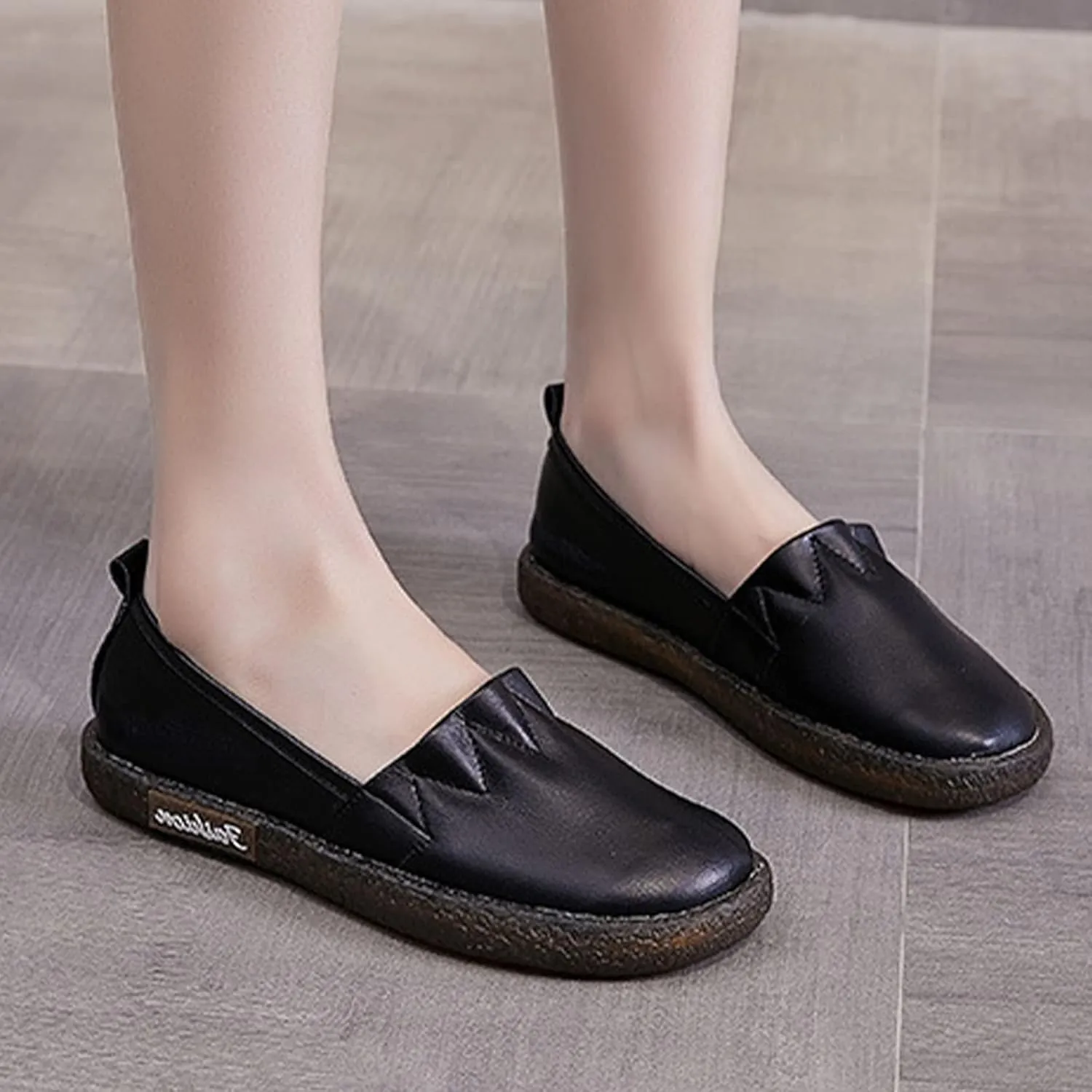 Women's Leather Slip-on Casual Shoes,Lightweight Comfort Pleated Non-Slip Softsole Oxford Dress Flat Walking Loafers