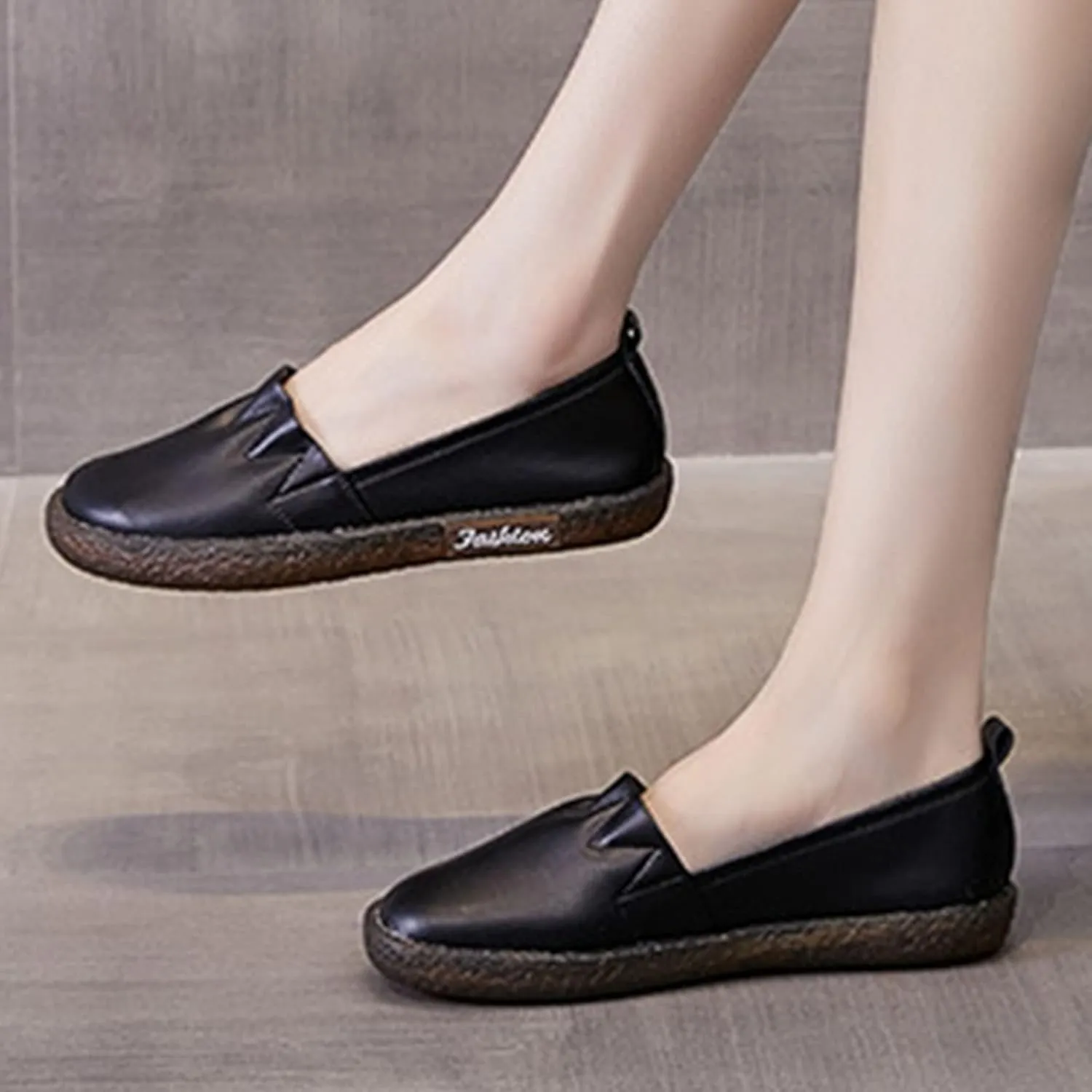 Women's Leather Slip-on Casual Shoes,Lightweight Comfort Pleated Non-Slip Softsole Oxford Dress Flat Walking Loafers