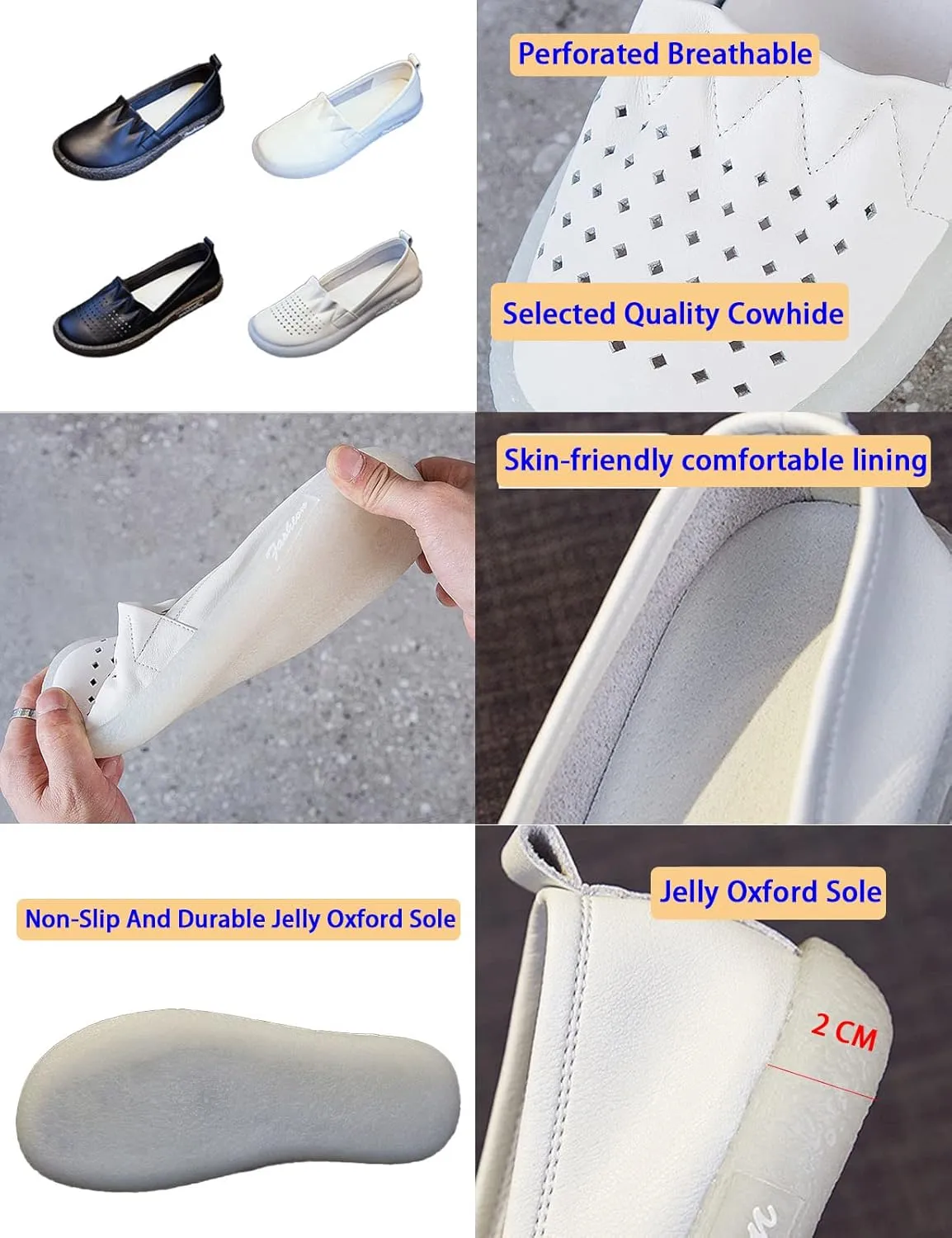 Women's Leather Slip-on Casual Shoes,Lightweight Comfort Pleated Non-Slip Softsole Oxford Dress Flat Walking Loafers