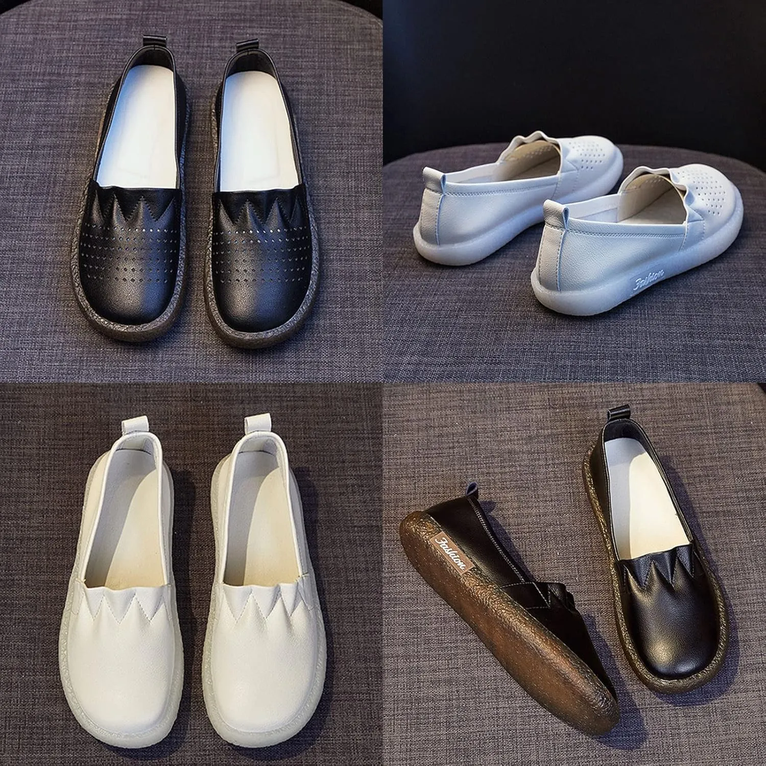 Women's Leather Slip-on Casual Shoes,Lightweight Comfort Pleated Non-Slip Softsole Oxford Dress Flat Walking Loafers
