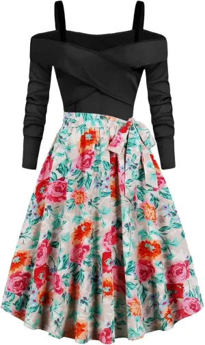 Womens Long Sleeve Floral Dress Sexy Elegant Off Shoulder Ruffle Pleated Causal Dress Funny Floral Print Fall Dresses
