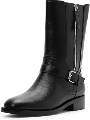 Women's Low Chunky Heel Buckle Strap Slip On Biker Mid Calf Boots (Black,8.5)