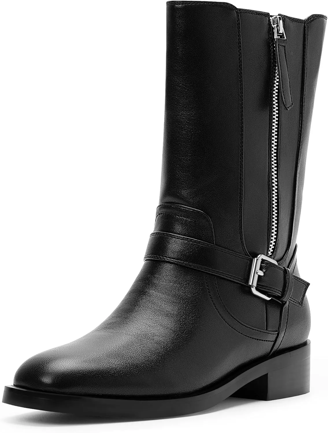 Women's Low Chunky Heel Buckle Strap Slip On Biker Mid Calf Boots (Black,8.5)