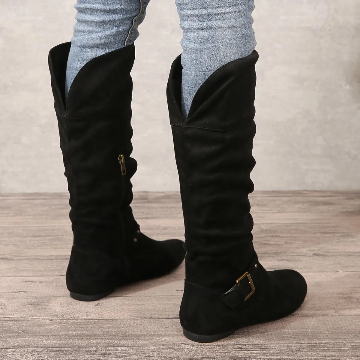 Women's Mid Calf Suede Boots - Flat Slouchy Boots with Studded Locking Straps & Side Zipper, Comfortable No Heel for Fall