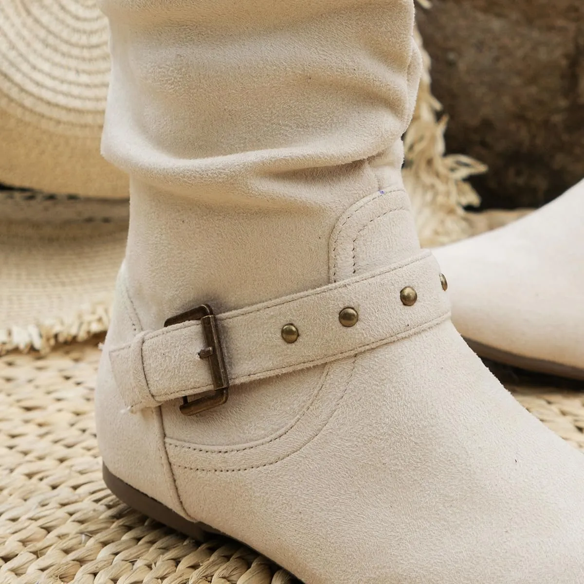 Women's Mid Calf Suede Boots - Flat Slouchy Boots with Studded Locking Straps & Side Zipper, Comfortable No Heel for Fall