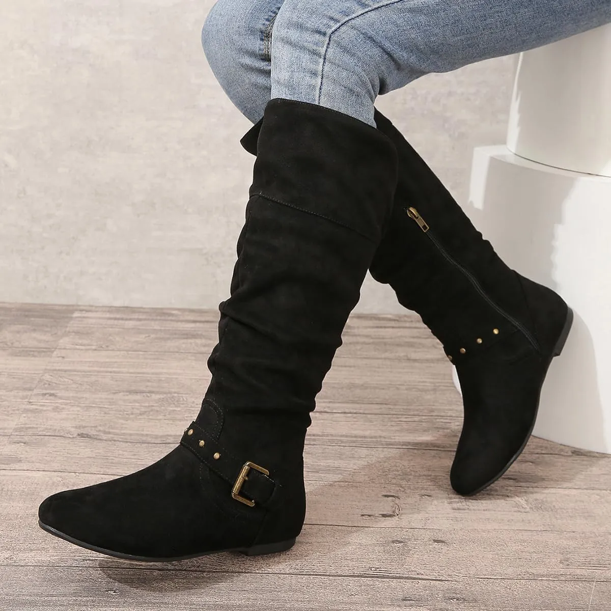 Women's Mid Calf Suede Boots - Flat Slouchy Boots with Studded Locking Straps & Side Zipper, Comfortable No Heel for Fall
