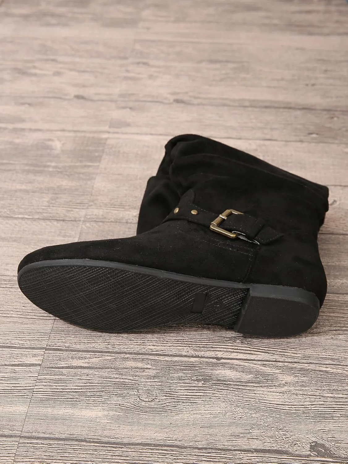 Women's Mid Calf Suede Boots - Flat Slouchy Boots with Studded Locking Straps & Side Zipper, Comfortable No Heel for Fall