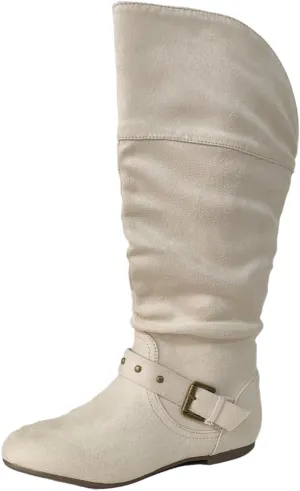 Women's Mid Calf Suede Boots - Flat Slouchy Boots with Studded Locking Straps & Side Zipper, Comfortable No Heel for Fall